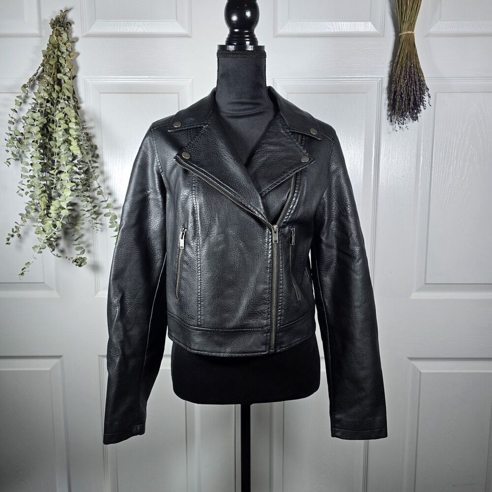 Aeropostale Moto Jacket Women's Large Black Faux Leather Cropped Biker
